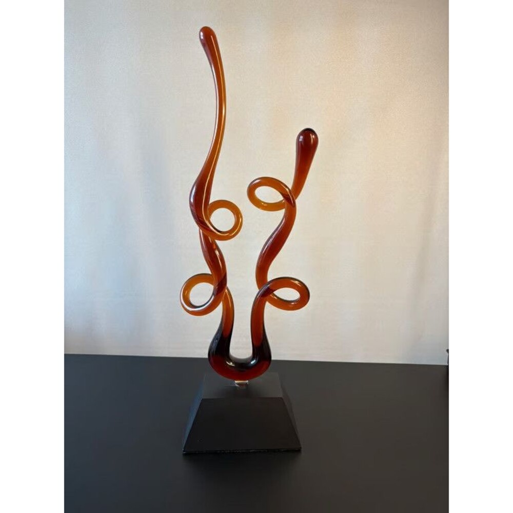 Orange Red Abstract Art Glass Sculpture on Black Base Modern